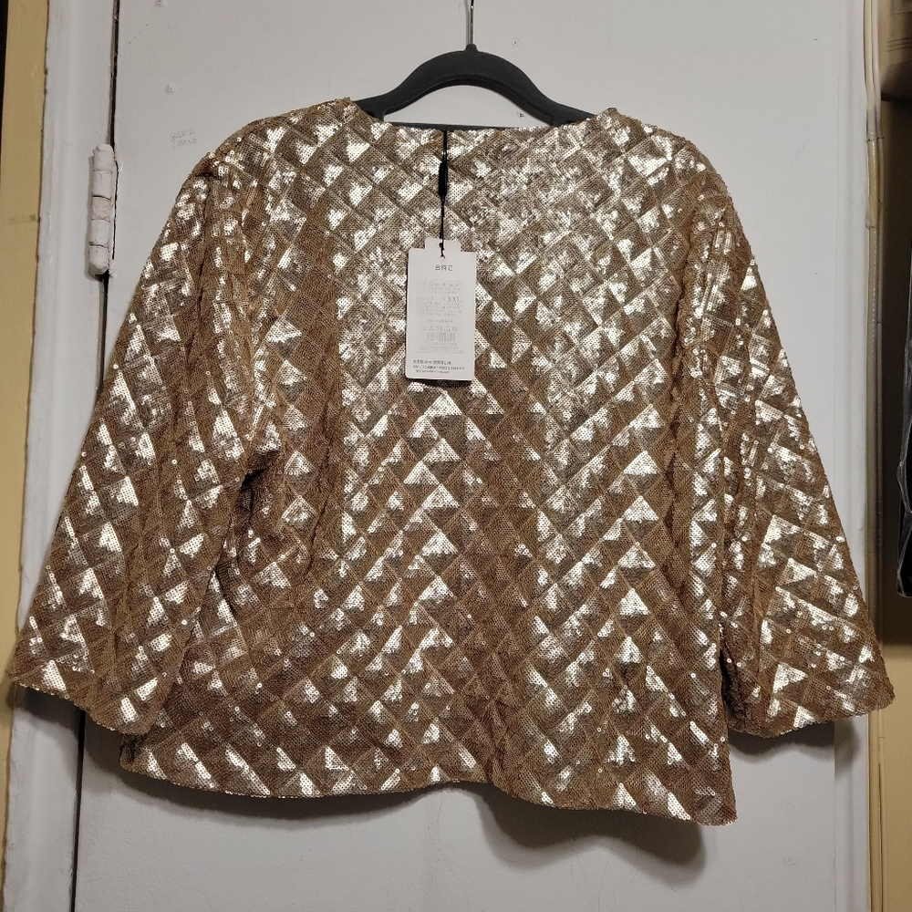 HAODUOYI Crop Jacket With Gold and Silver Sequin Fabric Size XXL